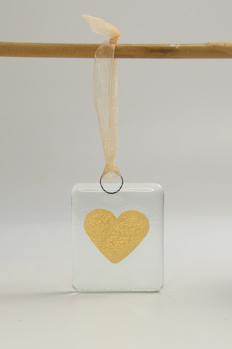 Heart gold small fused glass hanging by Flow Glass Orkney Isles Scotland